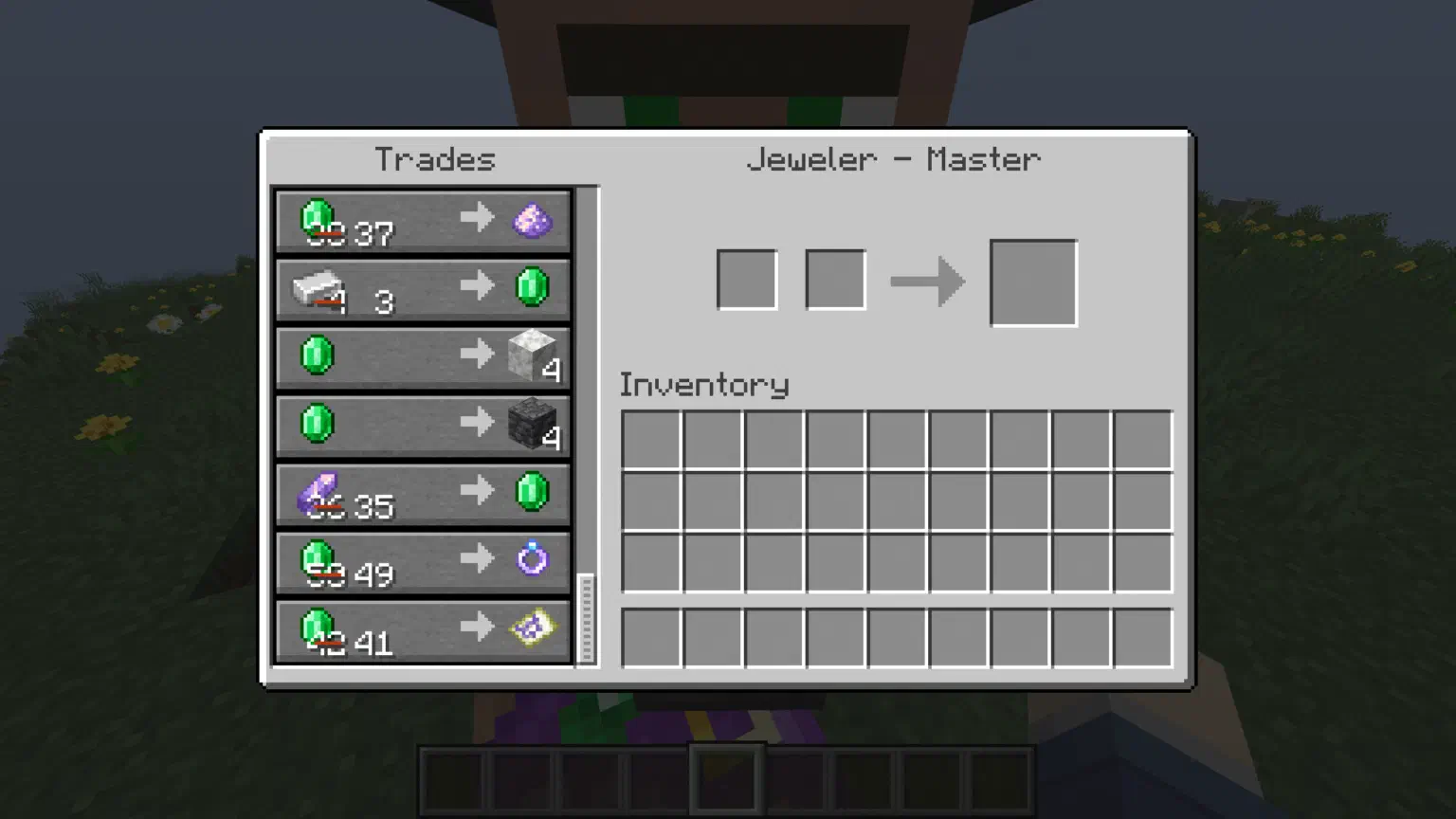 The jeweler's trading UI scrolled down to show the geode map