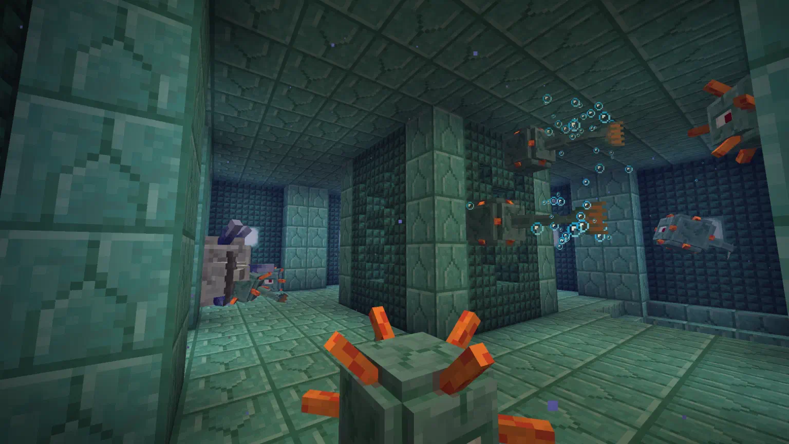 A room in the ocean monument with a trident cage in the middle surrounded by guardians