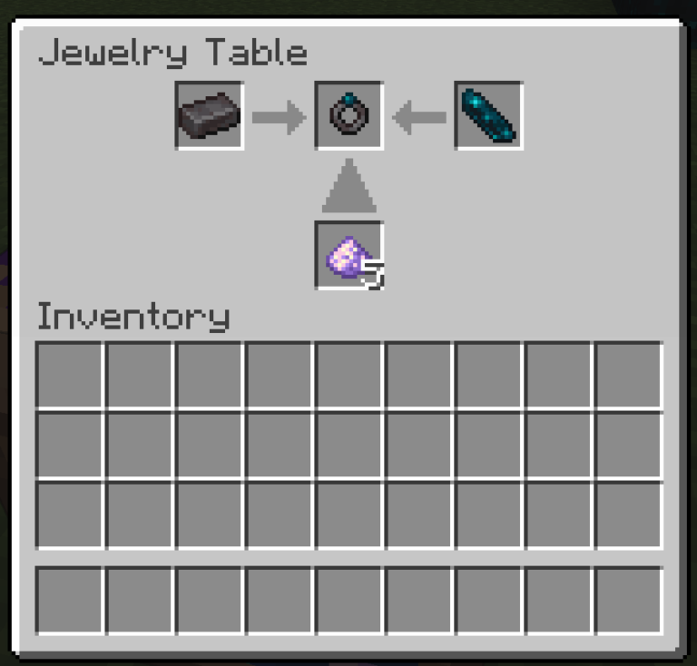 A jewelery table UI displaying a ring of rejuvenation being created