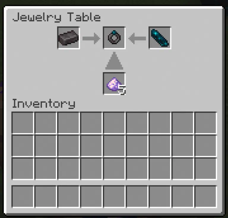 A jewelery table UI displaying a ring of rejuvenation being created