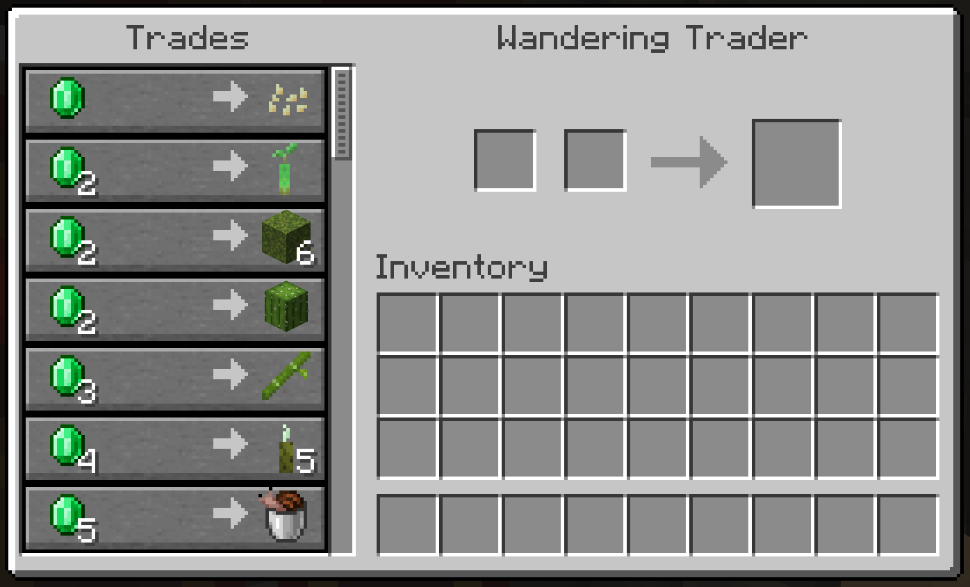The wandering trader's trading UI, displaying several of the new trades