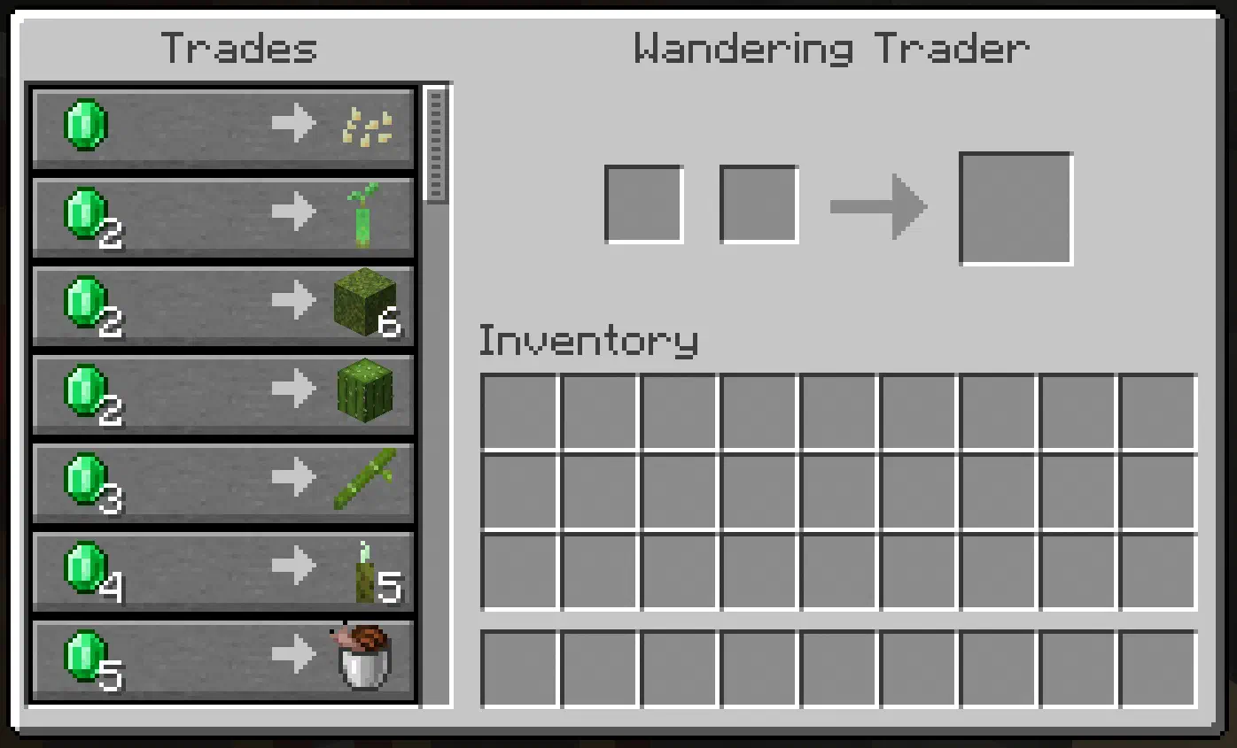 The wandering trader's trading UI, displaying several of the new trades