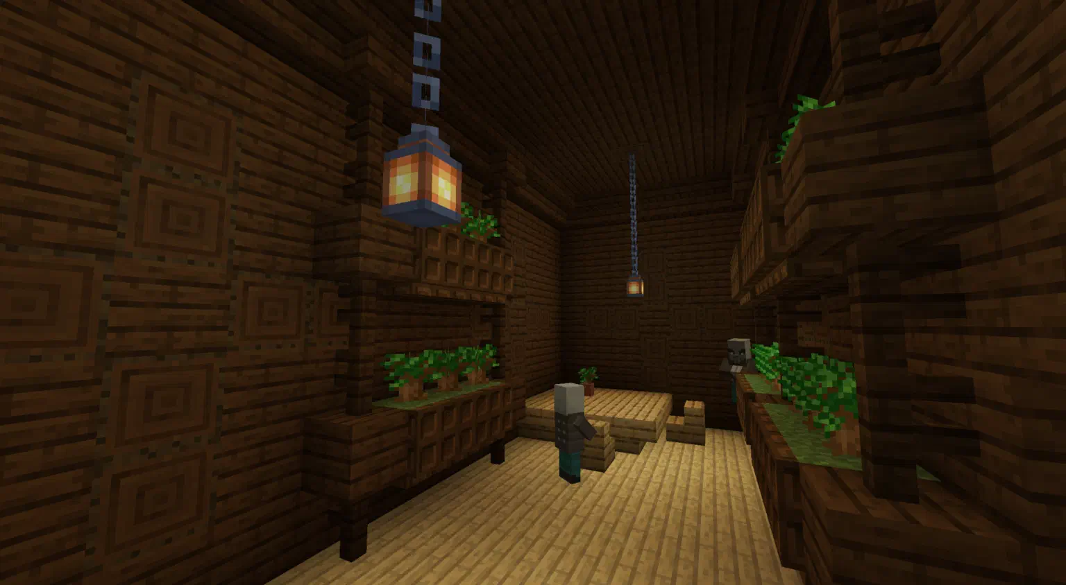 A small room of the woodland mansion rework, displaying several dark oak saplings planted in shelves along the walls
