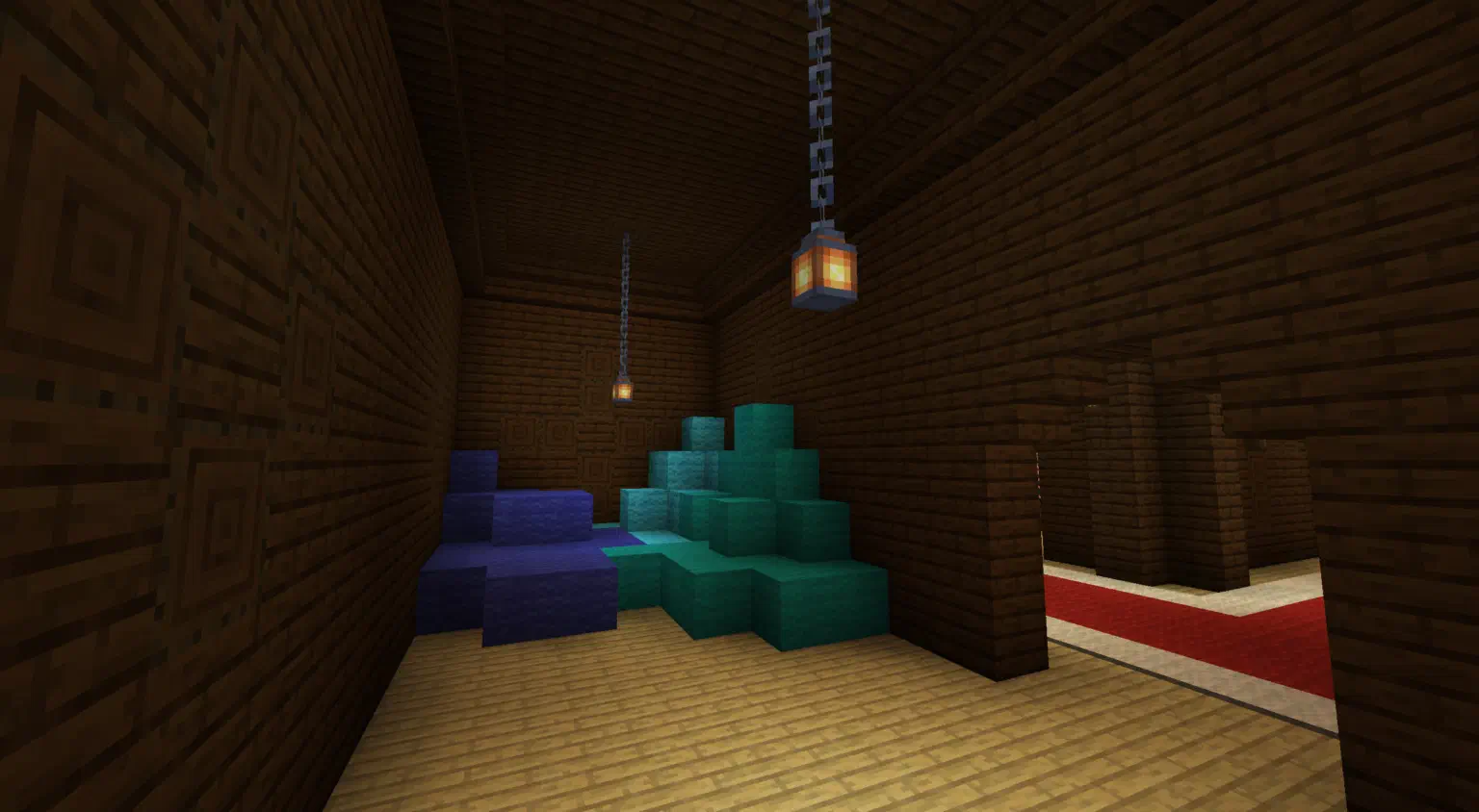 A room filled with blue, cyan, and light blue wool piles, part of the woodland mansion rework