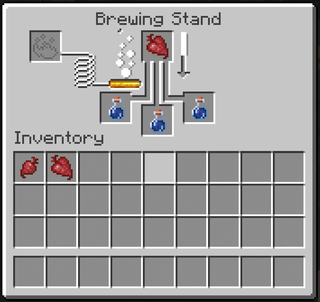 The brewing stand GUI with a heartbeet being brewed into a fortitude potion