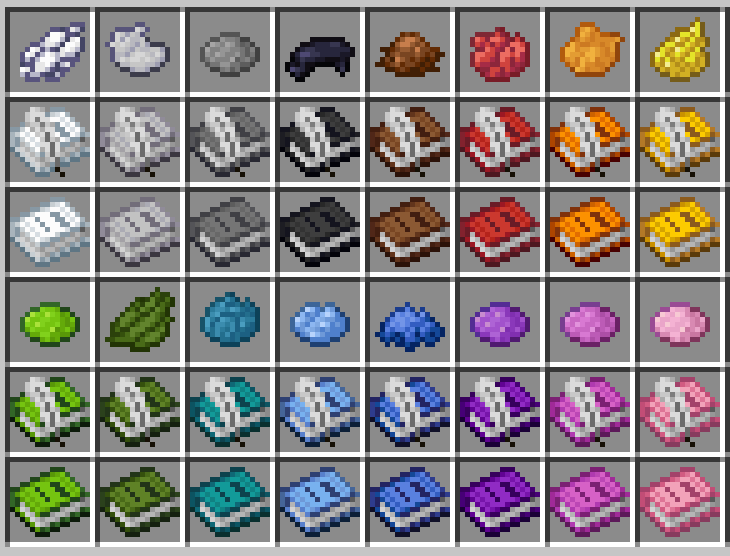 A chest inventory filled with 16 different colors of written book