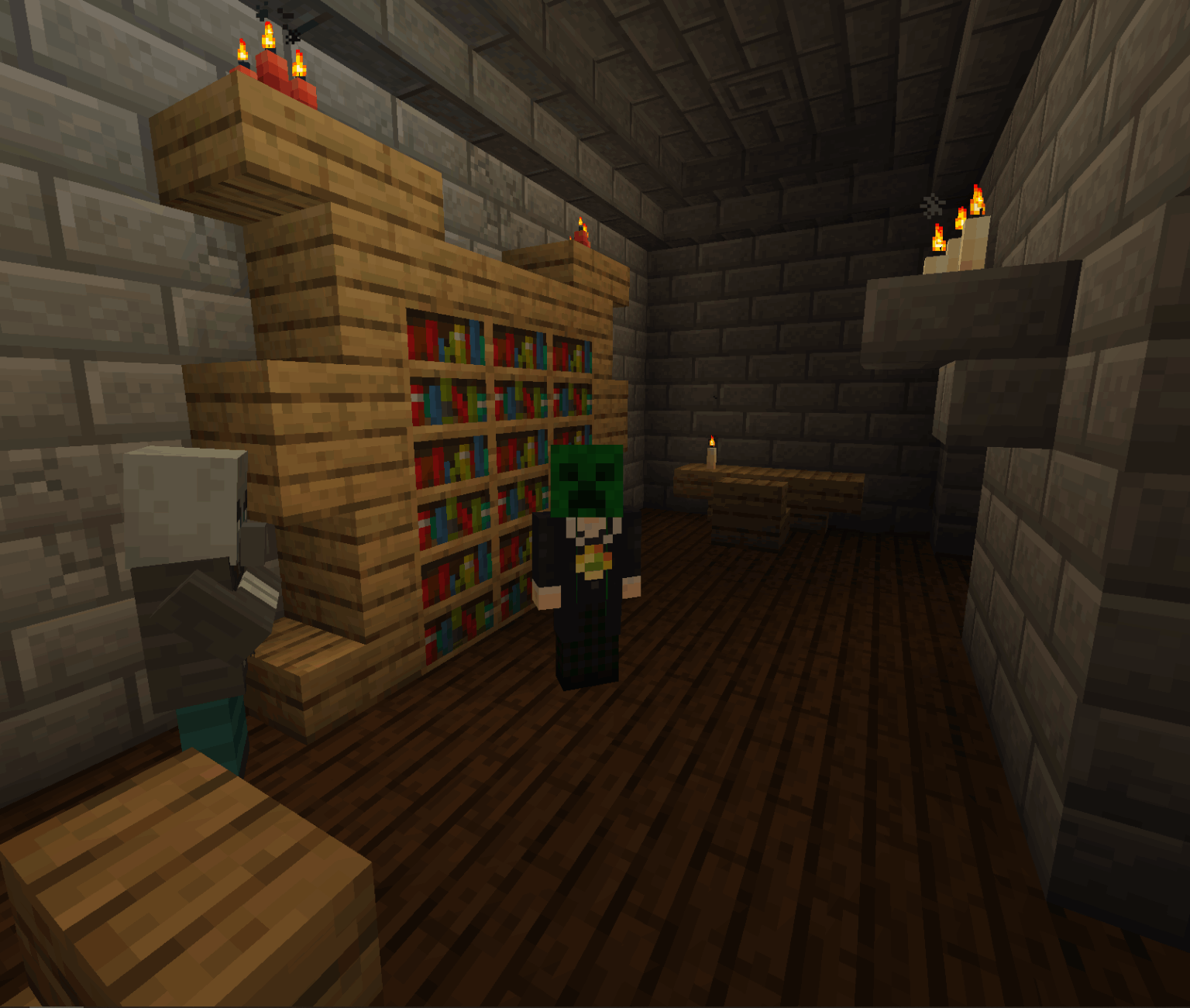 CreeperMagnet_ wearing a locket of learning while standing in a woodland mansion basement