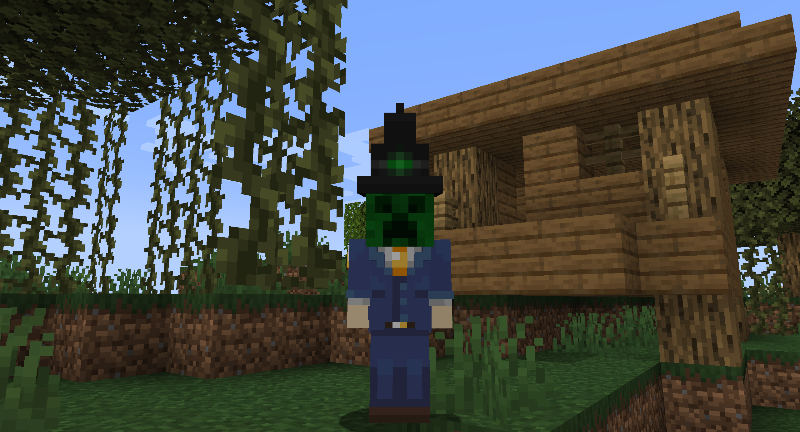 CreeperMagnet_ wearing a witch hat in front of a witch hut