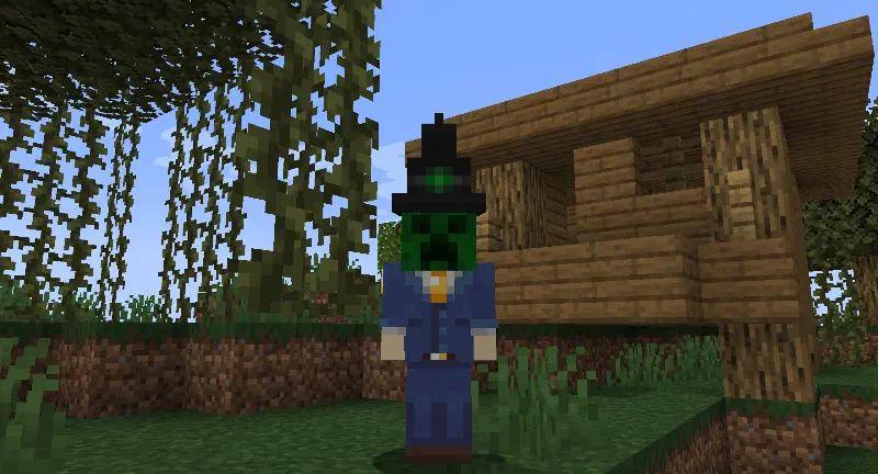 CreeperMagnet_ wearing a witch hat in front of a witch hut